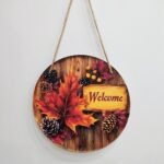 Fall Welcome Door Sign - 8 Inch Round Autumn Wood Grain Hanging Wall Decor with Maple Leaves, Pinecones & Berries