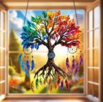 Tree of Life Dream Catcher Wall Hanging - Rainbow Colorful Tree & Feather Sun-Catcher for Home, Living Room & Window Decoration Decor