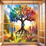 Tree of Life Dream Catcher Wall Hanging - Rainbow Colorful Tree & Feather Sun-Catcher for Home, Living Room & Window Decoration Decor