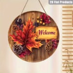 Fall Welcome Door Sign - 8 Inch Round Autumn Wood Grain Hanging Wall Decor with Maple Leaves, Pinecones & Berries - Image 3