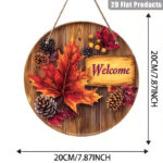 Fall Welcome Door Sign - 8 Inch Round Autumn Wood Grain Hanging Wall Decor with Maple Leaves, Pinecones & Berries - Image 5