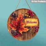 Fall Welcome Door Sign - 8 Inch Round Autumn Wood Grain Hanging Wall Decor with Maple Leaves, Pinecones & Berries - Image 4